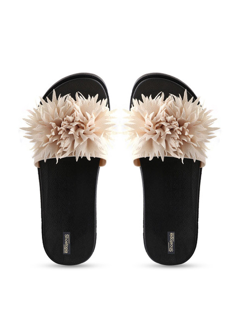 

Shoetopia Women Cream-Coloured & Black Embellished Sliders