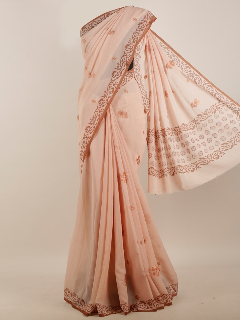 

Pothys Peach-Coloured & Brown Floral Embroidered Saree
