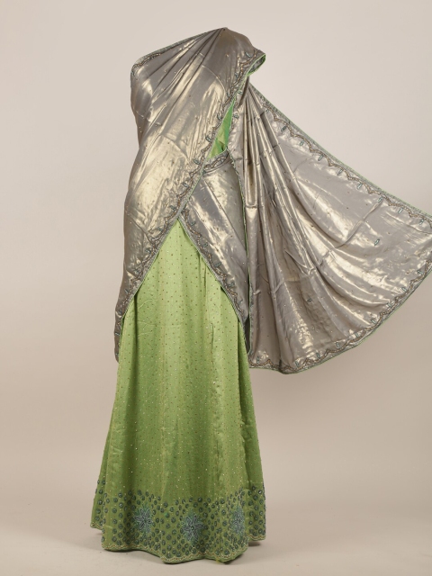 

Pothys Green & Grey Embellished Jute Silk Heavy Work Half Saree