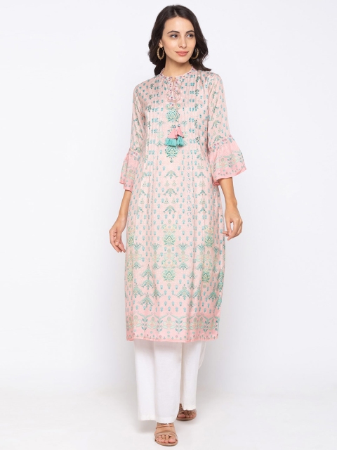 

TANKHI Women Pink Floral Printed Silk Floral Kurta