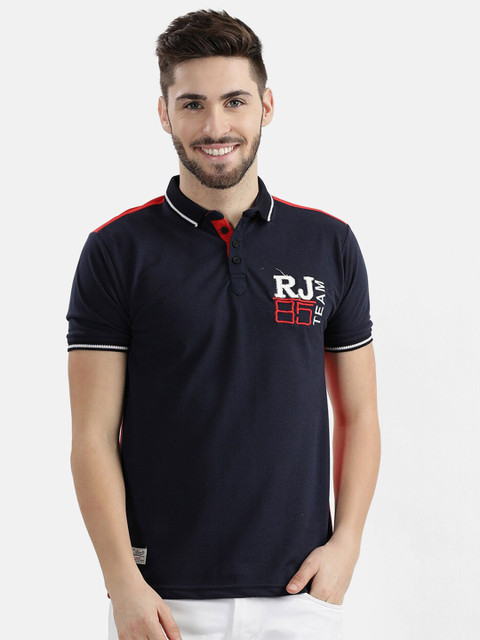 

V2 Value & Variety Men Navy Blue & Orange Polo Neck T-shirt