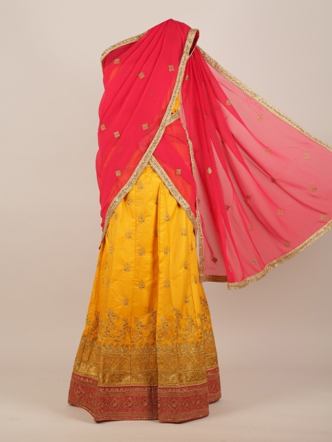 

Pothys Pink & Yellow Ethnic Motifs Beads and Stones Half Saree