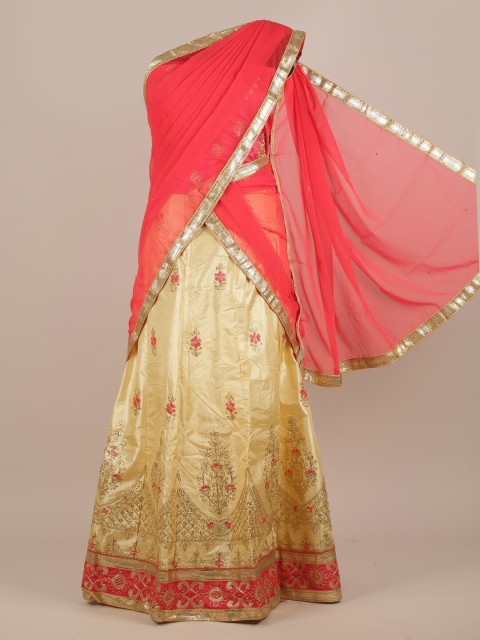 

Pothys Pink & Cream-Coloured Embellished Beads and Stones Half Lehenga Saree