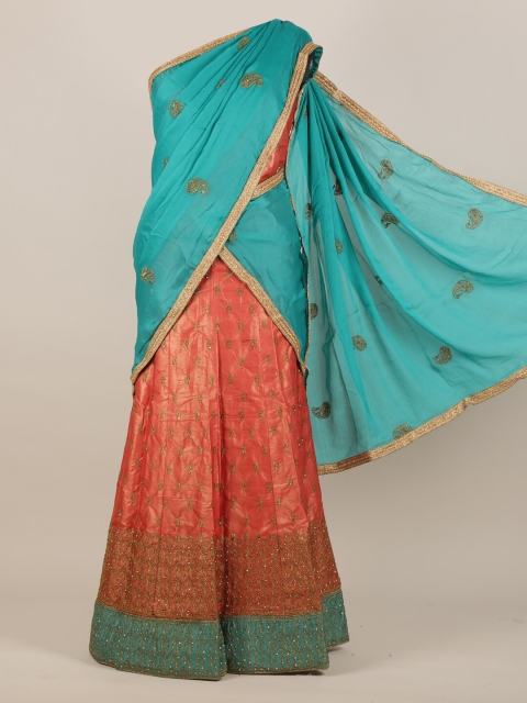 

Pothys Blue & Orange Embroidered Half Saree