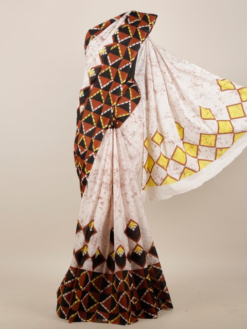 

Pothys Women Off White & Brown Cotton Blend Geometric Printed Saree