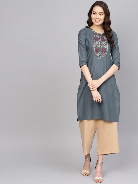 

Anubhutee Women Grey Yoke Design Thread Work Kurta