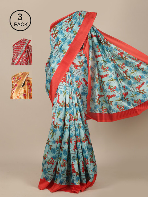 

Pothys Pak Of 3 Floral Jute Silk Saree, Blue