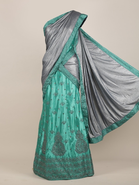 

Pothys Grey & Green Embellished Beads and Stones Jute Silk Half Lehenga Saree