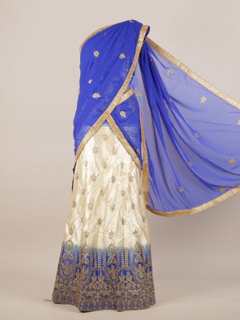 

Pothys Cream-Coloured & Blue Floral Half Saree