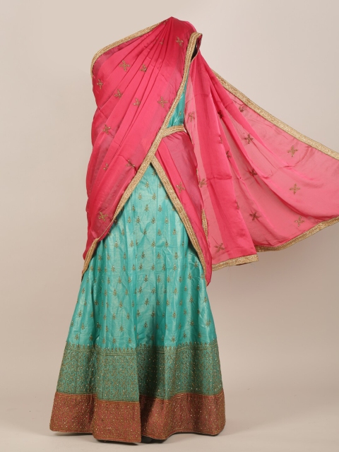 

Pothys Sea Green & Pink Ethnic Motifs Beads and Stones Half Saree