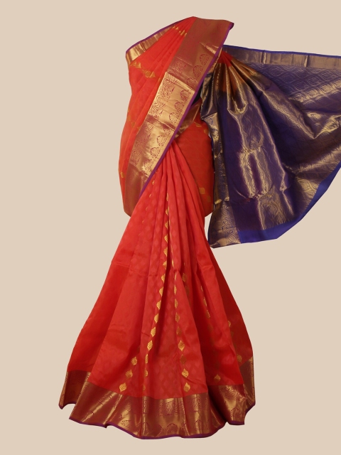 

Pothys Red & Blue Ethnic Motifs Zari Pure Silk Kanjeevaram Saree