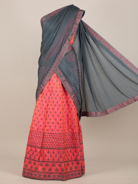 

Pothys Grey & Peach-Coloured Ethnic Motifs Jute Silk Half & Half Saree