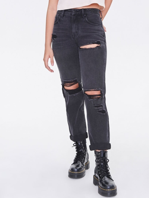 

FOREVER 21 Women Black Highly Distressed Jeans