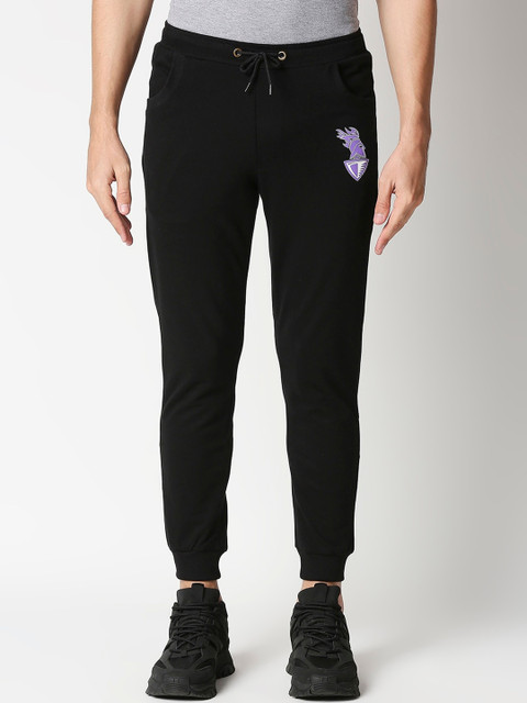 

Bewakoof Men Black & Purple Solid Straight-Fit Joggers