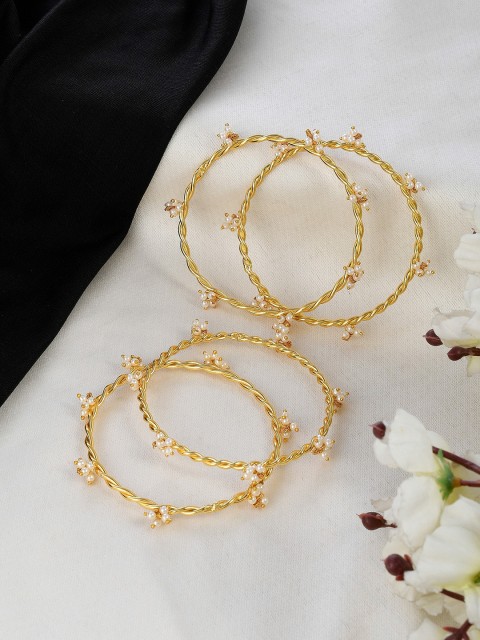 

Silvermerc Designs Set Of 4 Gold-Plated & White Pearl Beaded Twisted Bangles
