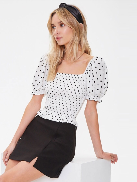 

FOREVER 21 Women White Puff Sleeve Smocked Top