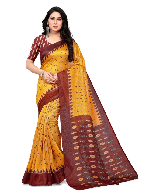 

KALINI Mustard & Maroon Ethnic Motifs Art Silk Ikat Saree