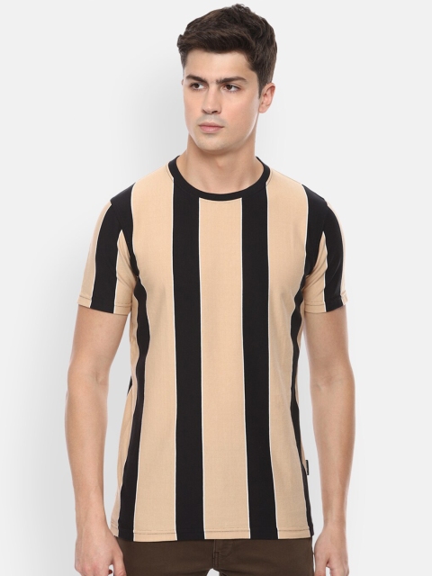 

V Dot Men Beige Striped Monochrome Slim Fit T-shirt