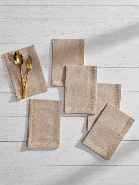 

Pure Home and Living Set Of 6 Cream-Coloured & Gold-Coloured Embroidered Table Napkins
