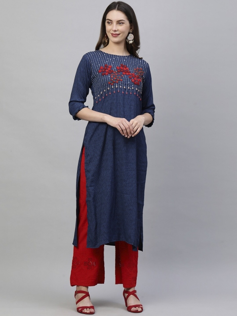 

FASHOR Women Navy Blue Embroidered Kurta
