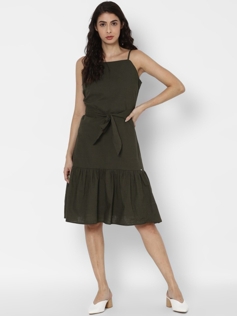 

Allen Solly Woman Women Olive Green Belted Cotton A-Line Dress