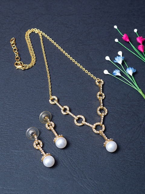 

Golden Peacock Gold-Toned & White Stone-Studded & Pearl Beaded Jewellery Set