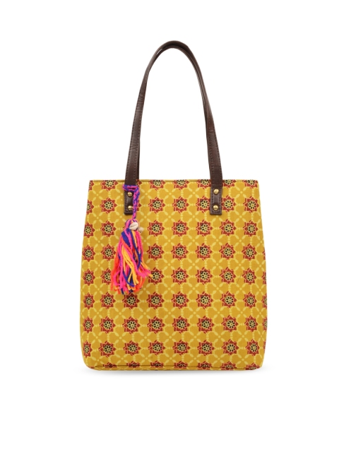 

Vivinkaa Yellow Ethnic Motifs Printed Structured Tote Bag with Tasselled