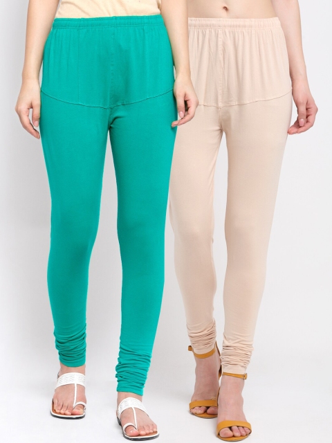 

KLOTTHE Women Pack Of 2 Green & Beige Solid Cotton Churidar-Length Leggings