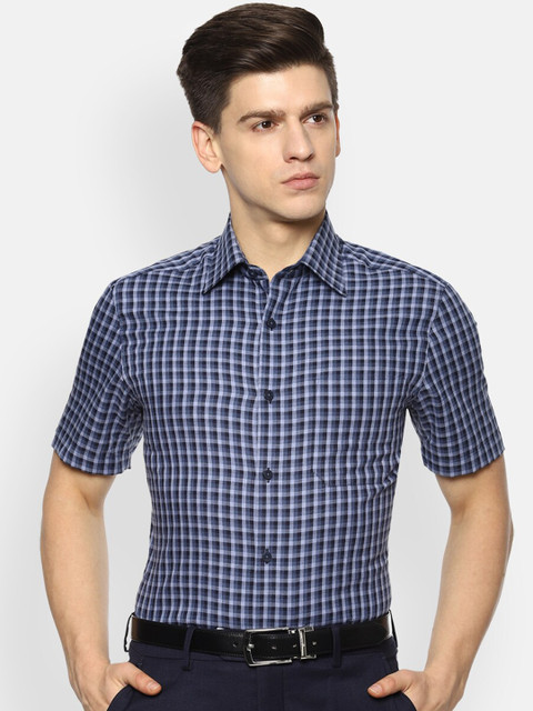

Louis Philippe Men Navy Blue Checked Half Sleeve Formal Shirt