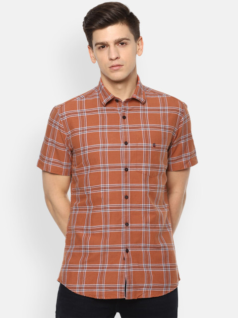 

Louis Philippe Sport Men Orange & White Slim Fit Opaque Checked Cotton Linen Casual Shirt
