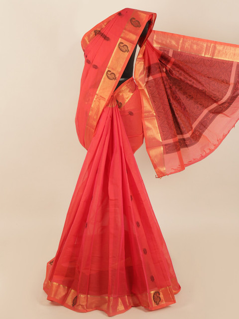 

Pothys Red & Gold-Toned Floral Zari Saree