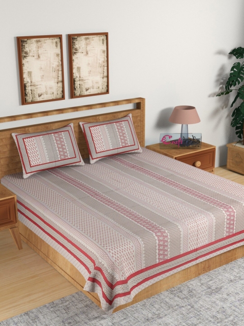 

eCraftIndia Pink & Grey Striped 144 TC Cotton King Bedsheet with 2 Pillow Covers