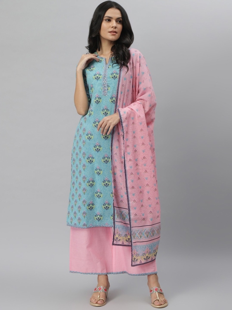 

QOMN Women Blue & Pink Floral Printed Pure Cotton Kurta with Palazzos & Dupatta