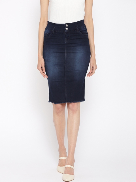 

Purple Feather Navy Blue Washed Denim Pencil Knee-Length Skirt