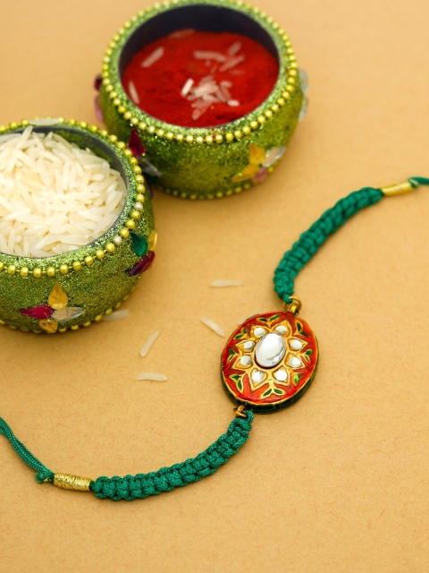 

Shoshaa Mens Red & Green Kundan Reversible Design Meenakari Bhai Rakhi