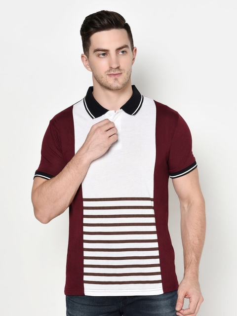 

ELEGANCE Men Maroon Striped Polo Collar Colourblocked T-shirt