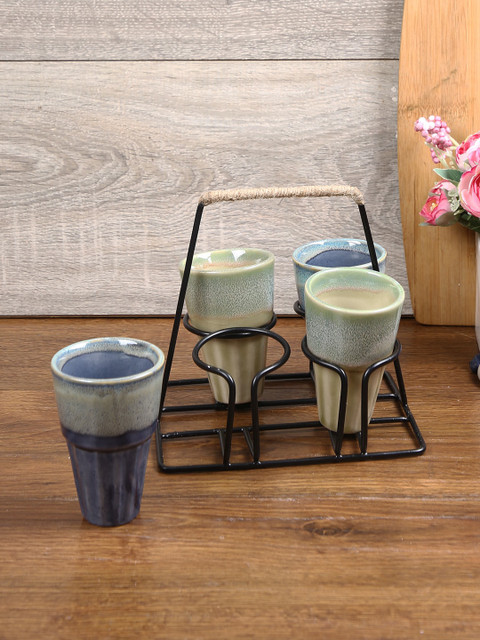 

Aapno Rajasthan Blue & Beige Set Of 4 Ceramic Glasses with Carrying Tray