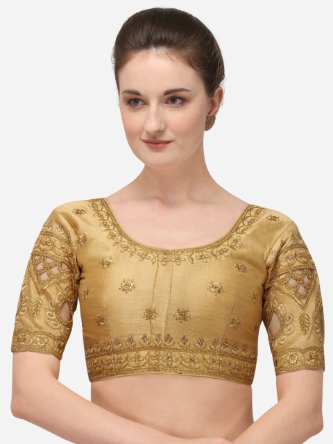 

Amrutam Fab Women Beige & Gold-Coloured Embroidered Raw Silk Saree Blouse