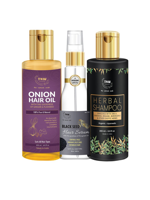 

TNW The Natural Wash Combo of 3 Black Seed Hair Serum 100 ml, Herbal Shampoo 200 ml and Onion Oil 200 ml, Multi