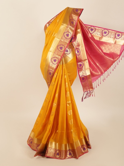 

Pothys Mustard Yellow & Pink Ethnic Motifs Zari Silk Blend Saree