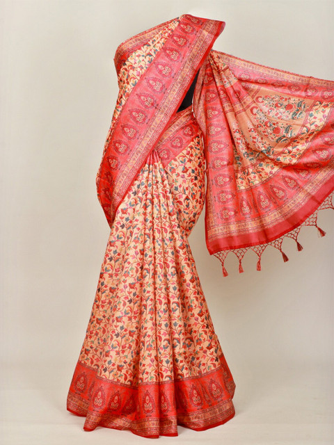 

Pothys Peach-Coloured & Red Paisley Linen Blend Saree