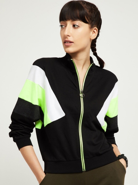 

max Women Black & Green Colourblocked Cotton Front-Open Sweater