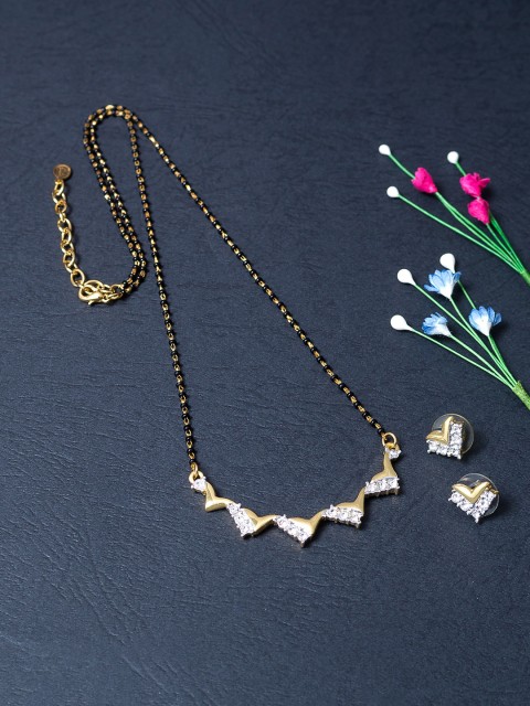 

Golden Peacock Gold-Toned & White Stone-Studded Mangalsutra With Earrings