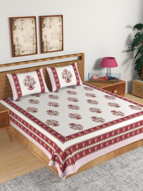 

eCraftIndia White & Pink Ethnic Motifs 180 TC King Bedsheet with 2 Pillow Covers