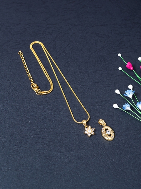 Golden Peacock Set Of 2 Gold-Toned & White Stone-Studded Pendants With One Chain