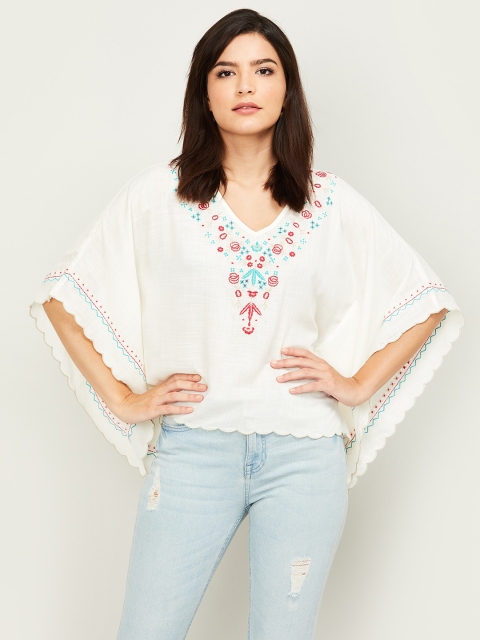 

Colour Me by Melange Women Off White Embroidered Kimono Sleeves Kaftan Top