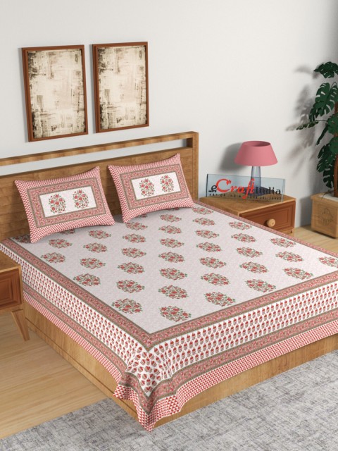 

eCraftIndia White & Pink Ethnic Motifs 180 TC King Bedsheet with 2 Pillow Covers
