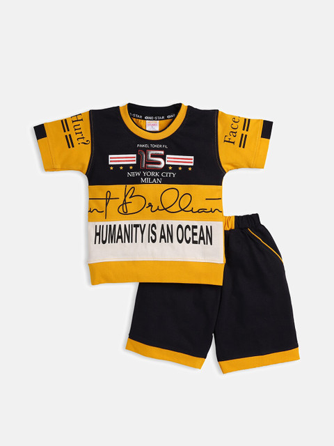 

Nottie Planet Boys Mustard & Black Printed T-shirt with Shorts