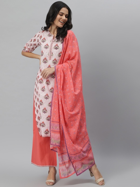 

QOMN Women Coral Ethnic Motifs Printed Pure Cotton Kurta with Palazzos & Dupatta