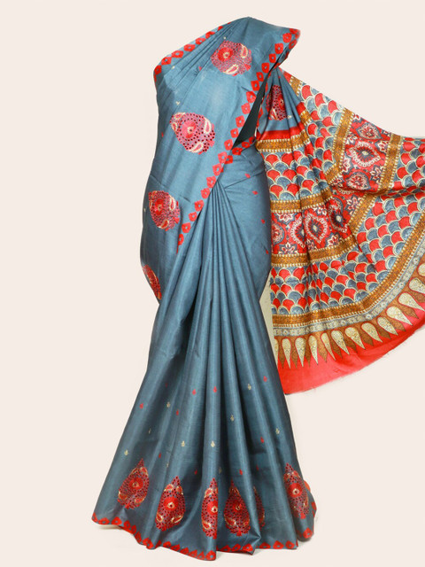 

Pothys Blue & Red Ethnic Motifs Embroidered Linen Blend Saree